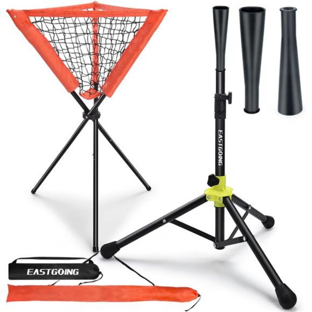 Heavy Duty Baseball Softball Portable Travel Batting Tee w/ Baseball Ball Caddy
